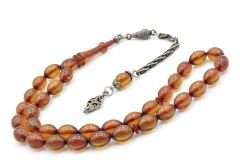 Gümüş Kaplama Sistemli Beyzi Kesim Yeşil Sıkma Kehribar Tesbih