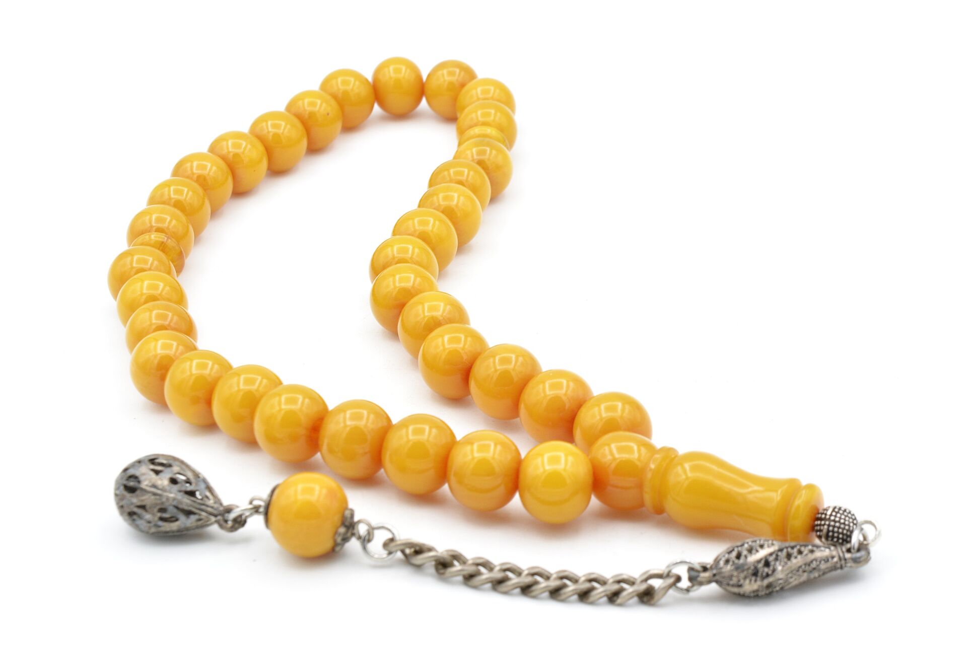 Gümüş Kaplama Sistemli Küre Kesim Sarı Sıkma Kehribar Tesbih Dev Boy