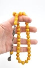 Gümüş Kaplama Sistemli Küre Kesim Sarı Sıkma Kehribar Tesbih Dev Boy