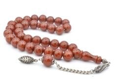 Gümüş Kaplama Sistemli Küre Kesim Koyu Sıkma Kehribar Tesbih Dev Boy