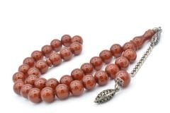 Gümüş Kaplama Sistemli Küre Kesim Koyu Sıkma Kehribar Tesbih Dev Boy