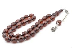 Gümüş Kaplama Sistemli Tombul Beyzi Kesim Kahverengi Sıkma Kehribar Tesbih Dev Boy