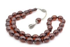 Gümüş Kaplama Sistemli Tombul Beyzi Kesim Kahverengi Sıkma Kehribar Tesbih Dev Boy