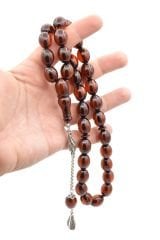 Gümüş Kaplama Sistemli Tombul Beyzi Kesim Kahverengi Sıkma Kehribar Tesbih Dev Boy