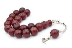 Gümüş Kaplama Kamçılı Vişne Rengi Sıkma Kehribar Efe Maskot Tesbih