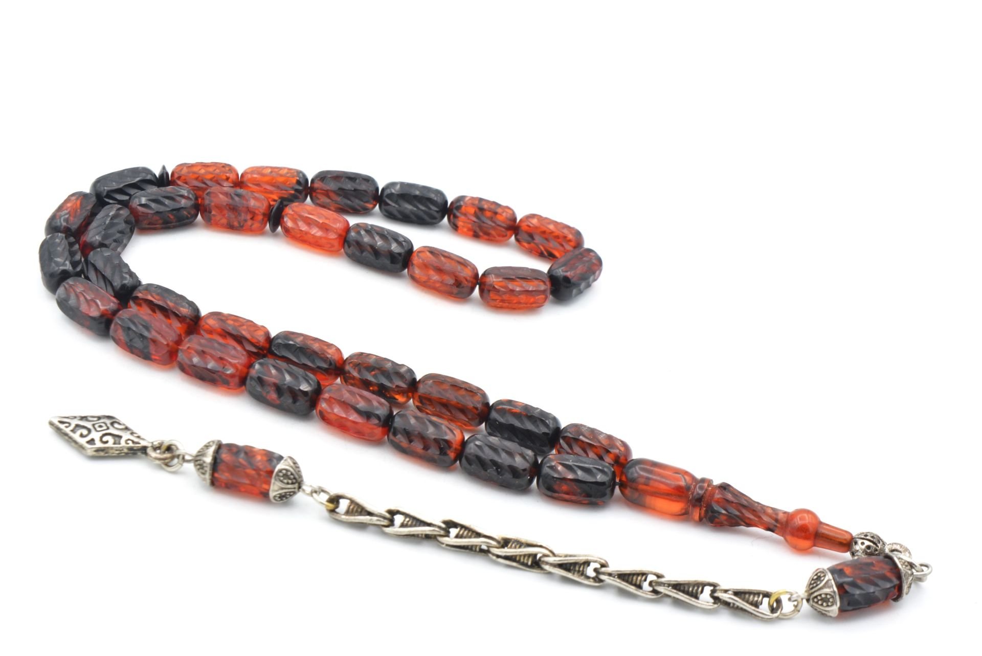 Usta İşi Bütün Kalem İşçilikli Turuncu Siyah Ateş Kehribar Tesbih