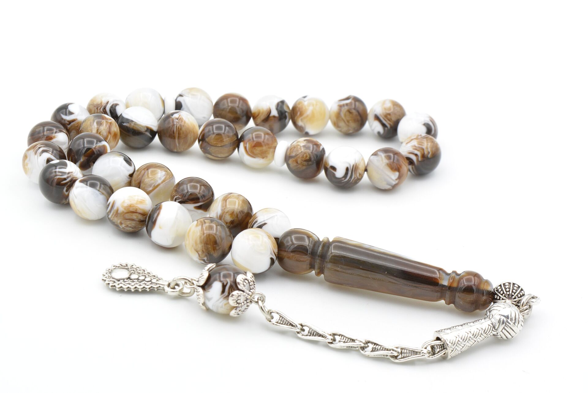 Küre Kesim Beyaz Kahverengi Beyrut Kehribarı Tesbih 10 Mm