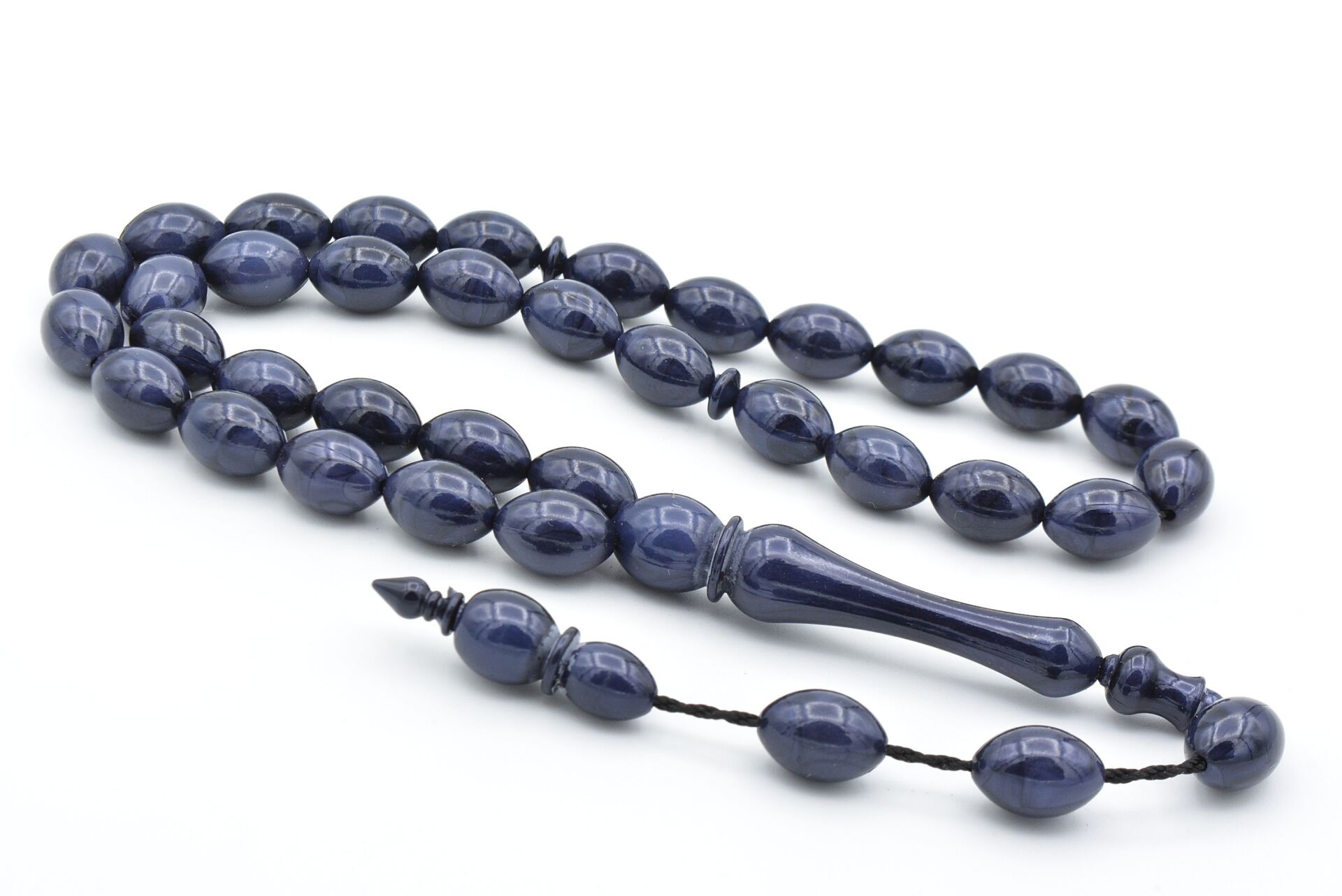 Sistemli Beyzi Kesim İri Boy Siyah Lacivert Toz Kehribar Tesbih