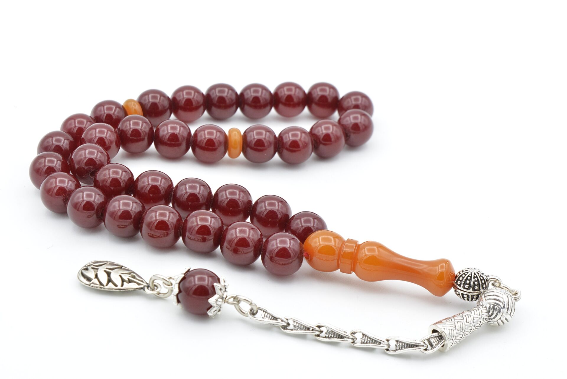 Osmanlı Model Küre Kesim Vişne Rengi Sıkma Kehribar Tesbih 9 Mm