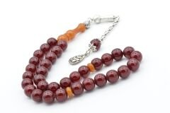 Osmanlı Model Küre Kesim Vişne Rengi Sıkma Kehribar Tesbih 9 Mm