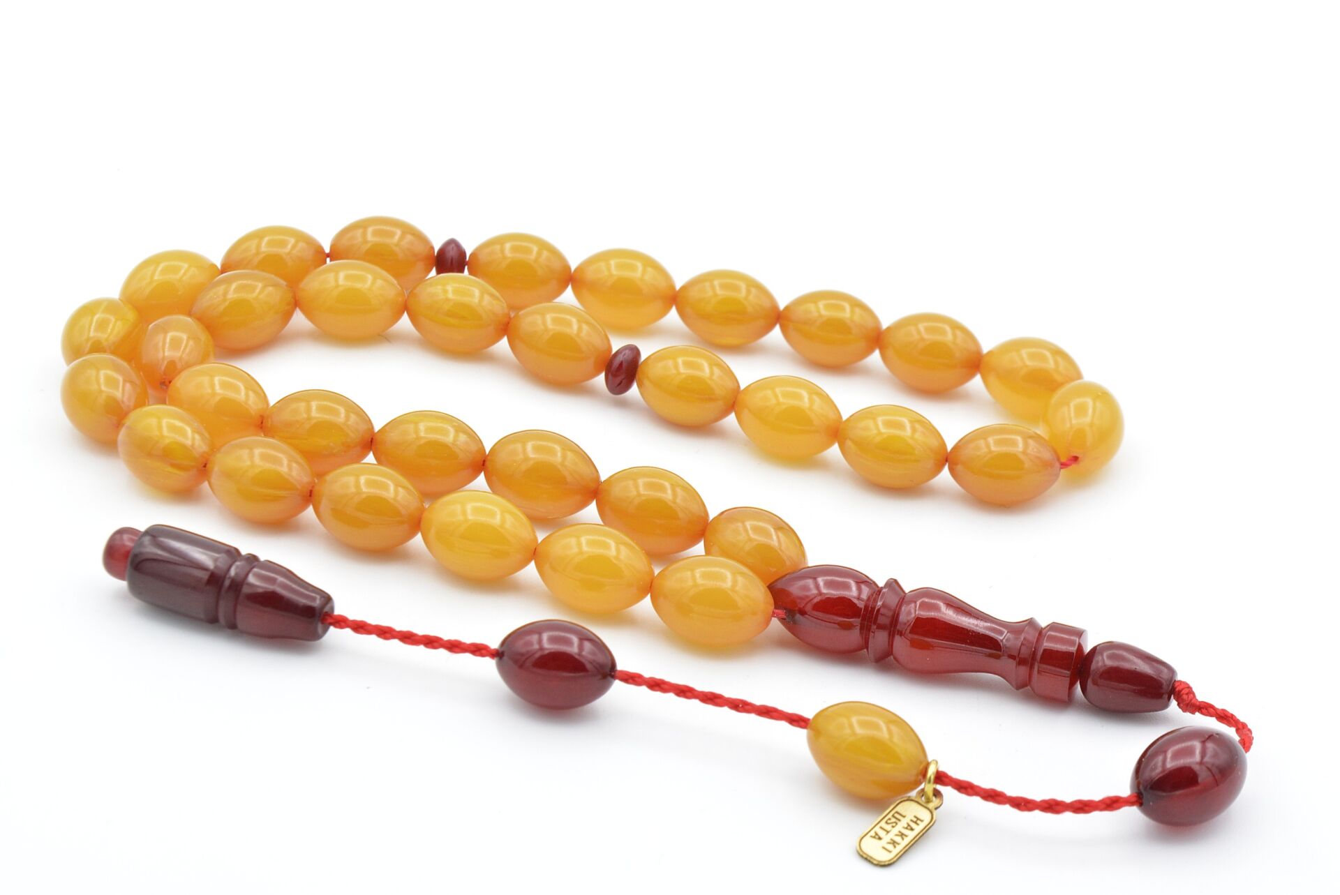 Hakkı Usta İmzalı Beyzi Kesim Osmanlı Model Sarı Sıkma Kehribar Tesbih