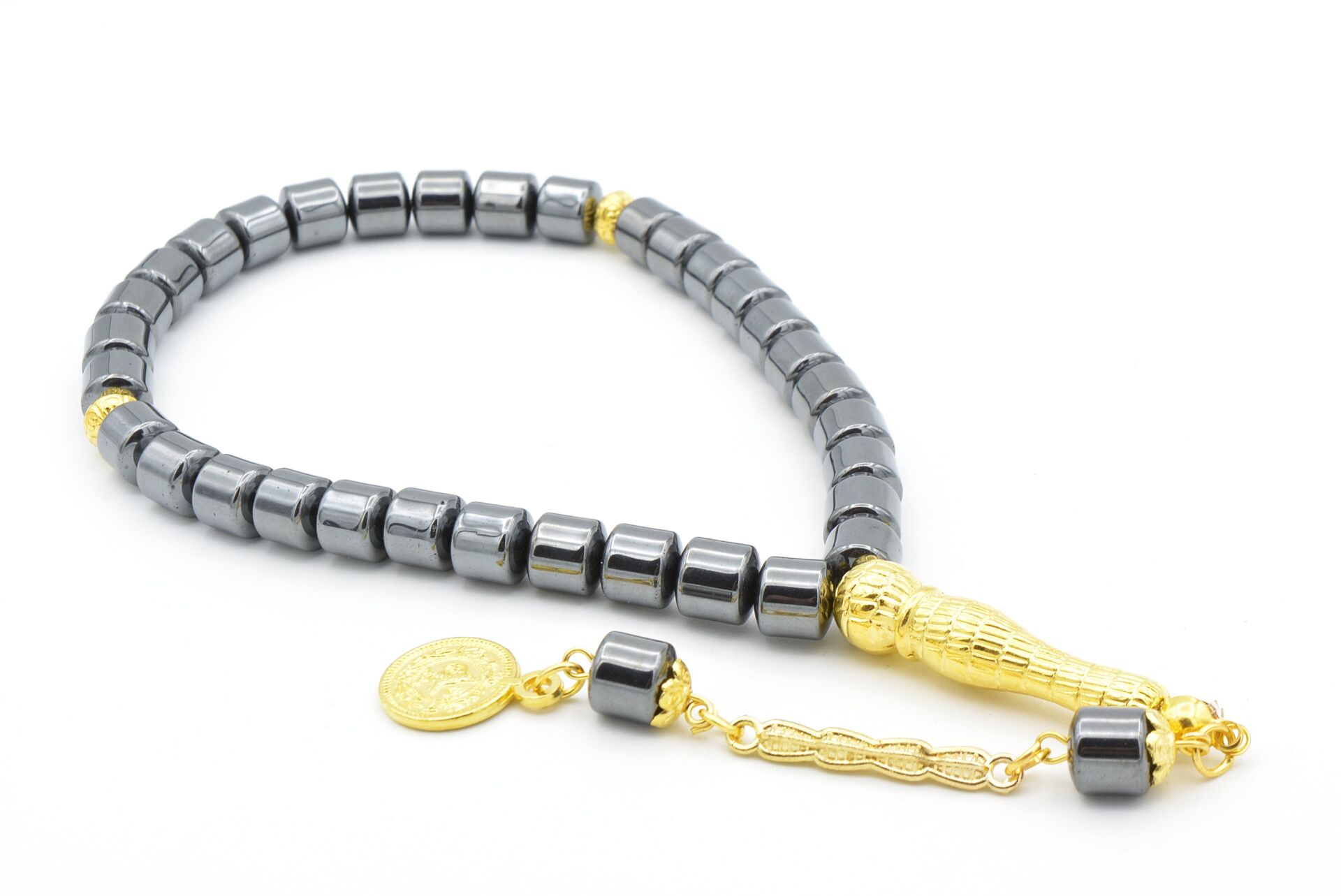 Altın Kaplama Püsküllü Fıçı Model Hematit Taşı Tesbih