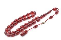 Ahmet Emin Usta İmzalı Badem Kesim Kırmızı Sıkma Kehribar Tesbih