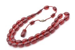 Ahmet Emin Usta İmzalı Badem Kesim Kırmızı Sıkma Kehribar Tesbih