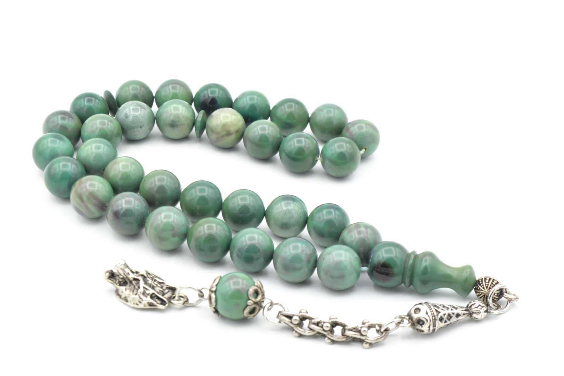 Gümüş Kaplama Kamçılı Küre Kesim Turkuaz Sıkma Kehribar Tesbih