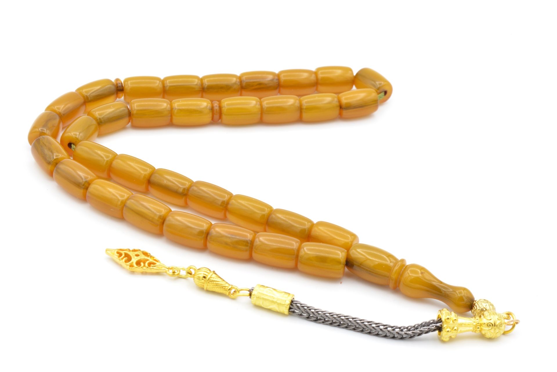 Özel Püsküllü Kapsül Kesim Sarı Sıkma Kehribar Tesbih