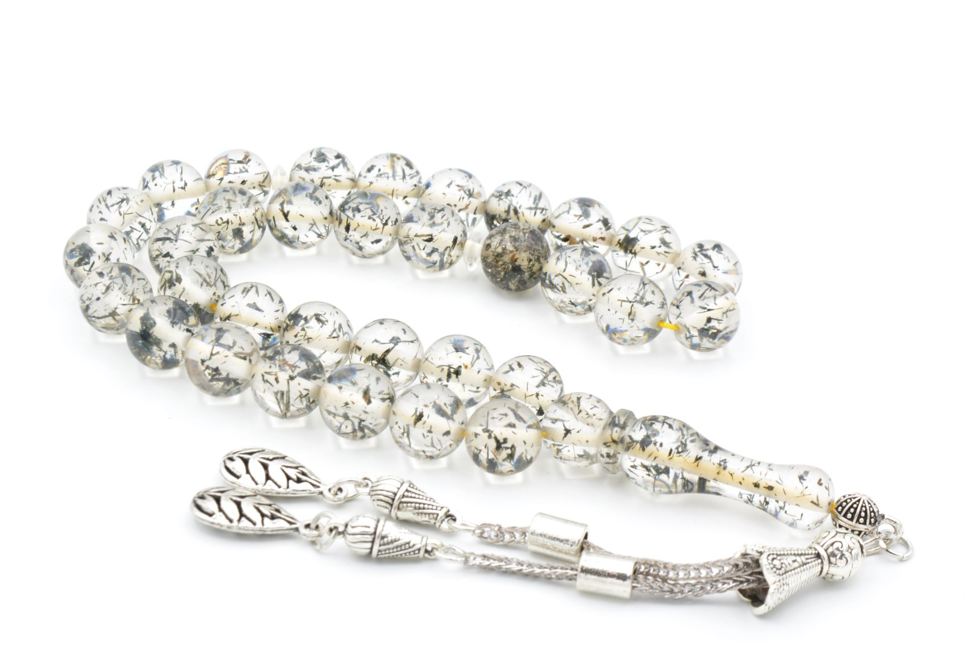 Püsküllü Küre Kesim Fosilli Şeffaf Toz Kehribar Tesbih