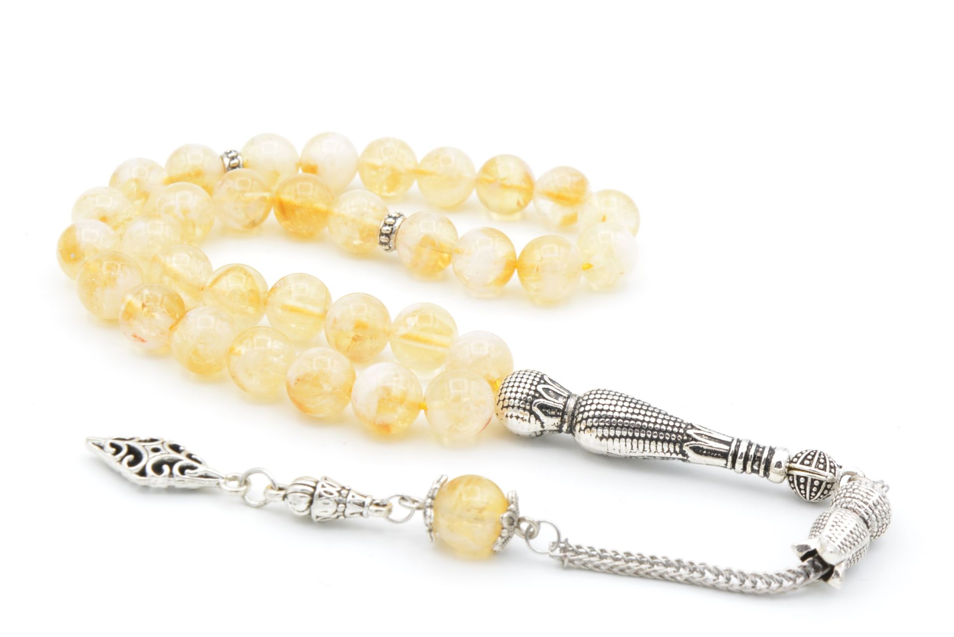 Gümüş Kaplama Püsküllü Orijinal Sitrin Taşı Tesbih