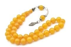 Gümüş Kaplama Kamçılı Küre Kesim Sarı Sıkma Kehribar Tesbih 9 Mm