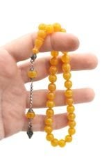 Gümüş Kaplama Kamçılı Küre Kesim Sarı Sıkma Kehribar Tesbih 9 Mm