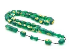 SİSTEMLİ ALTIN PARÇACIKLI YEŞİL SIKMA KEHRİBAR TESBİH