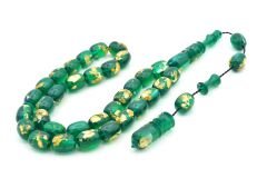 SİSTEMLİ ALTIN PARÇACIKLI YEŞİL SIKMA KEHRİBAR TESBİH