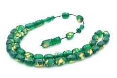 SİSTEMLİ ALTIN PARÇACIKLI YEŞİL SIKMA KEHRİBAR TESBİH