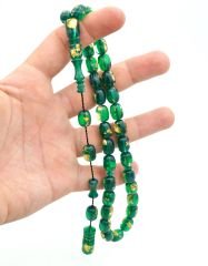 SİSTEMLİ ALTIN PARÇACIKLI YEŞİL SIKMA KEHRİBAR TESBİH