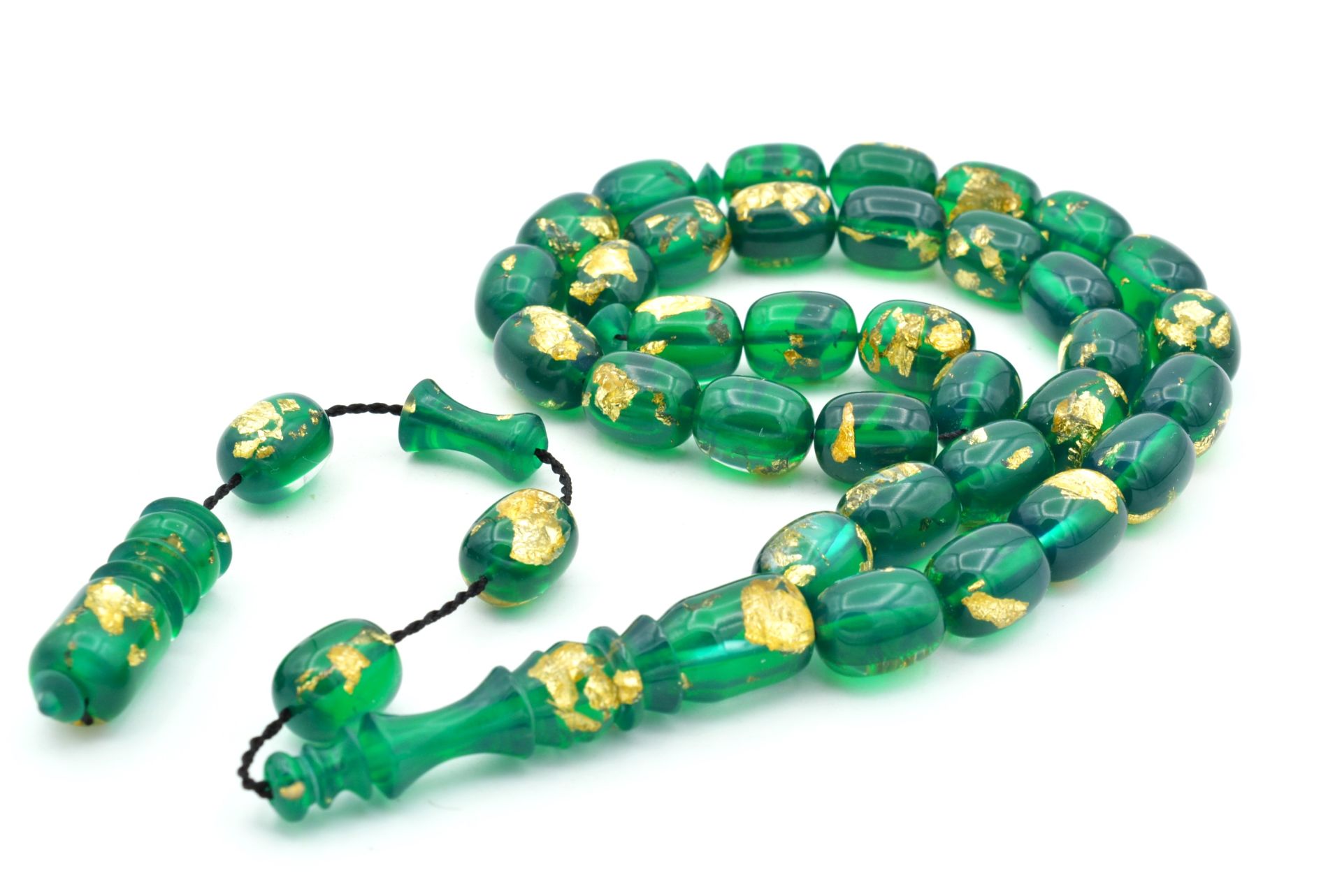 SİSTEMLİ ALTIN PARÇACIKLI YEŞİL SIKMA KEHRİBAR TESBİH