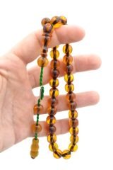 Şükrü Baba İmzalı Kalem İşçilikli Sarı Sıkma Kehribar Tesbih 013