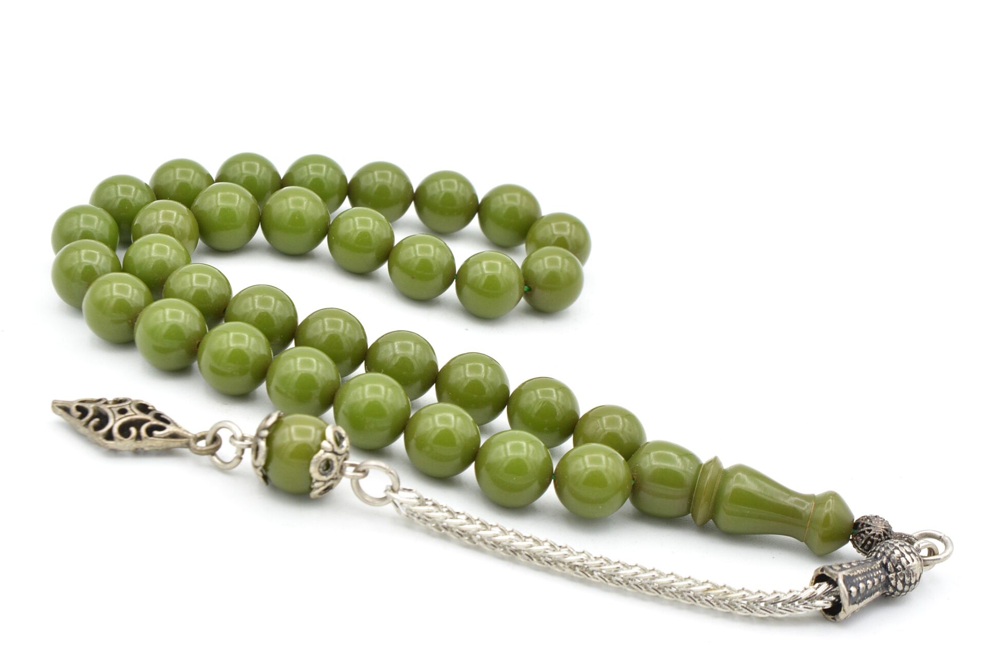 Tilki Kuyruğu Kamçili Küre Kesim Yeşil Sikma Kehribar Tesbih 068