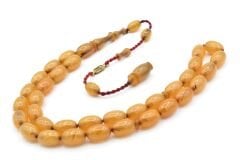 Ahmet Emin İmzalı Badem Kesim Hareli Beyaz Sıkma Kehribar Tesbih