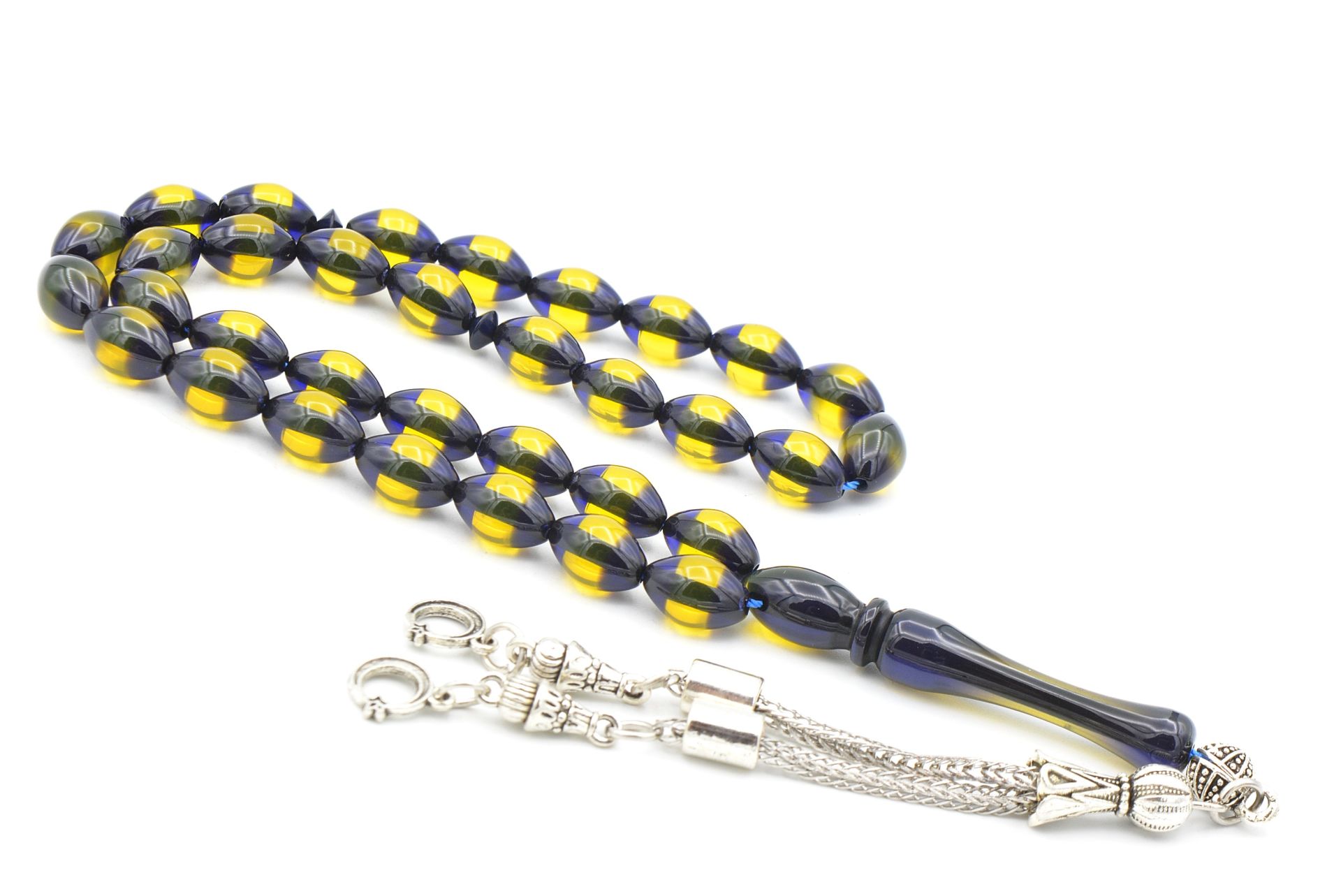 Beyzi Kesim Sarı Lacivert Sürmeli Toz Kehribar Tesbih 002