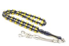 Beyzi Kesim Sarı Lacivert Sürmeli Toz Kehribar Tesbih 002