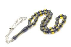 Beyzi Kesim Sarı Lacivert Sürmeli Toz Kehribar Tesbih 002