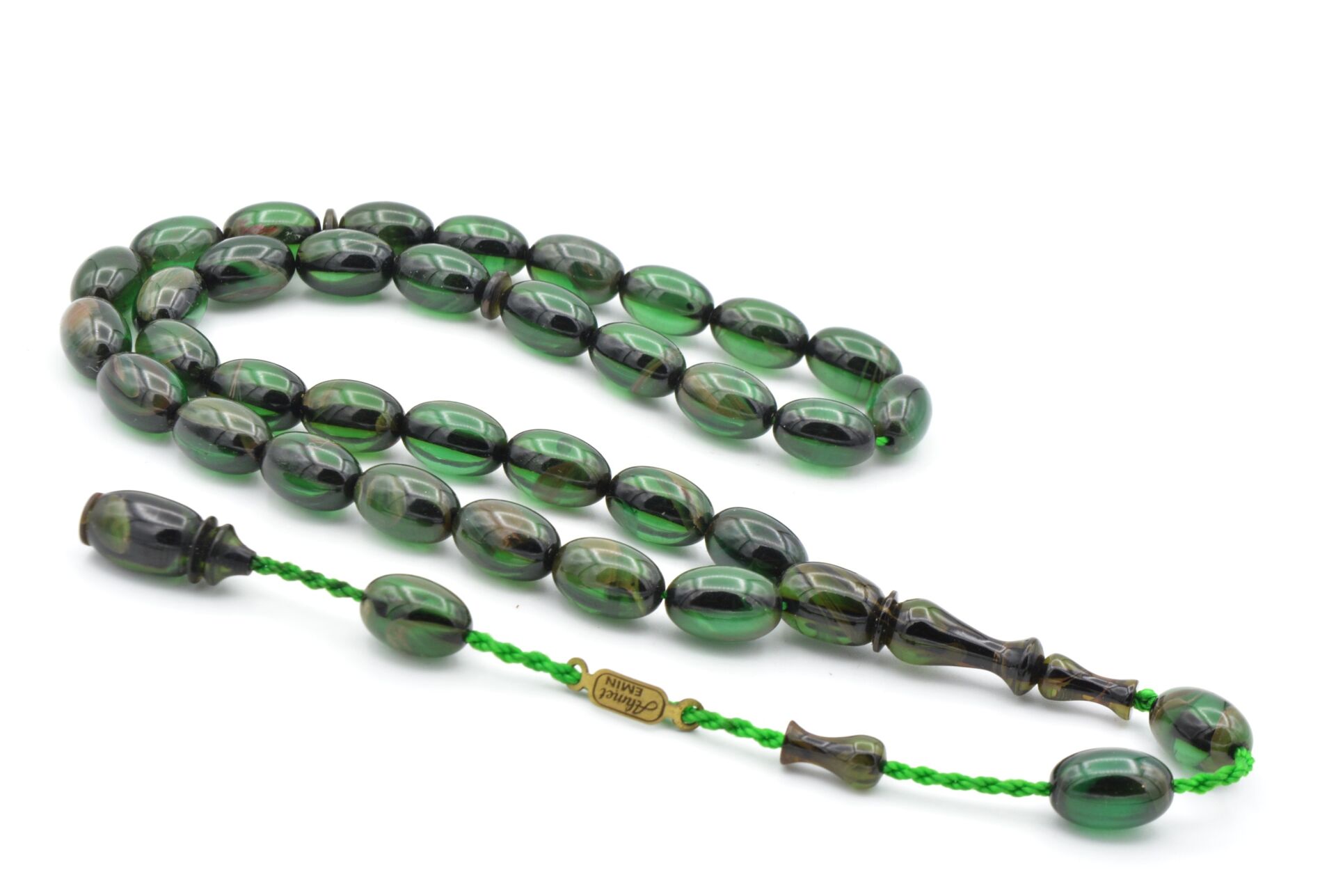 Ahmet Emin İmzalı Badem Kesim Hareli Yeşil Sıkma Kehribar Tesbih