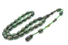 Ahmet Emin İmzalı Badem Kesim Hareli Yeşil Sıkma Kehribar Tesbih