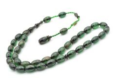 Ahmet Emin İmzalı Badem Kesim Hareli Yeşil Sıkma Kehribar Tesbih