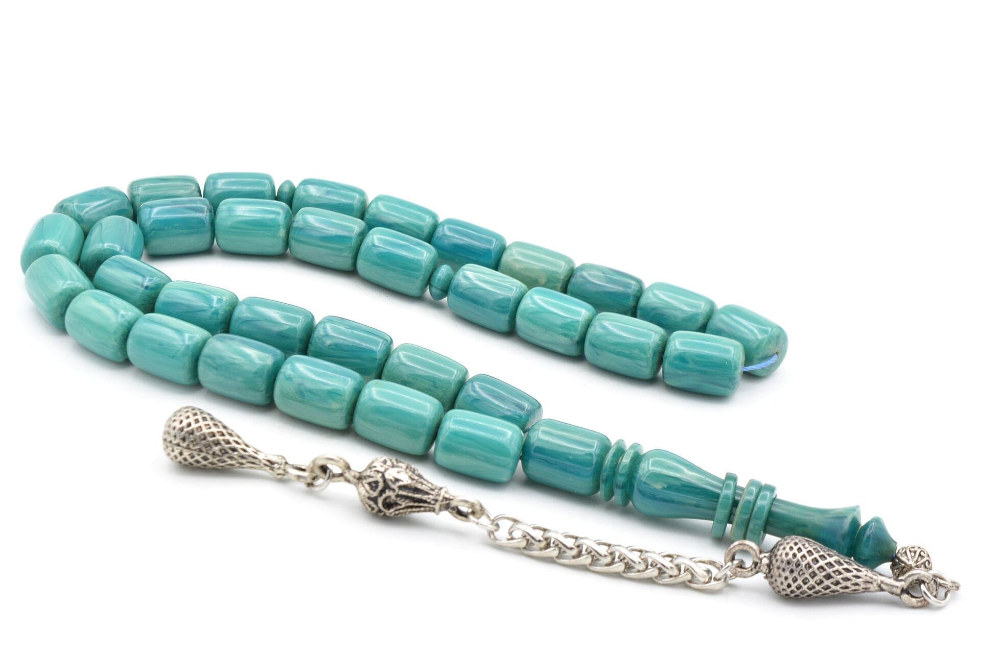 Gümüş Kaplama Kamçılı İmamesi Halkalı Kapsül Kesim Turkuaz Katalin Tesbih