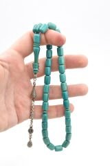 Gümüş Kaplama Kamçılı İmamesi Halkalı Kapsül Kesim Turkuaz Katalin Tesbih