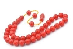 Şükrü Baba Yapımı Küre Model İri Mercan Rengi Sıkma Kehribar Tesbih