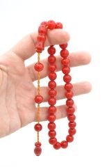 Şükrü Baba Yapımı Küre Model İri Mercan Rengi Sıkma Kehribar Tesbih