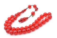 Usta İmzalı Küre Kesim Kırmızı Ateş Kehribar Tesbih