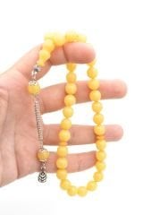 Gümüş Kaplama Kamçılı Küre Kesim Açık Sarı Sıkma Kehribar Tesbih