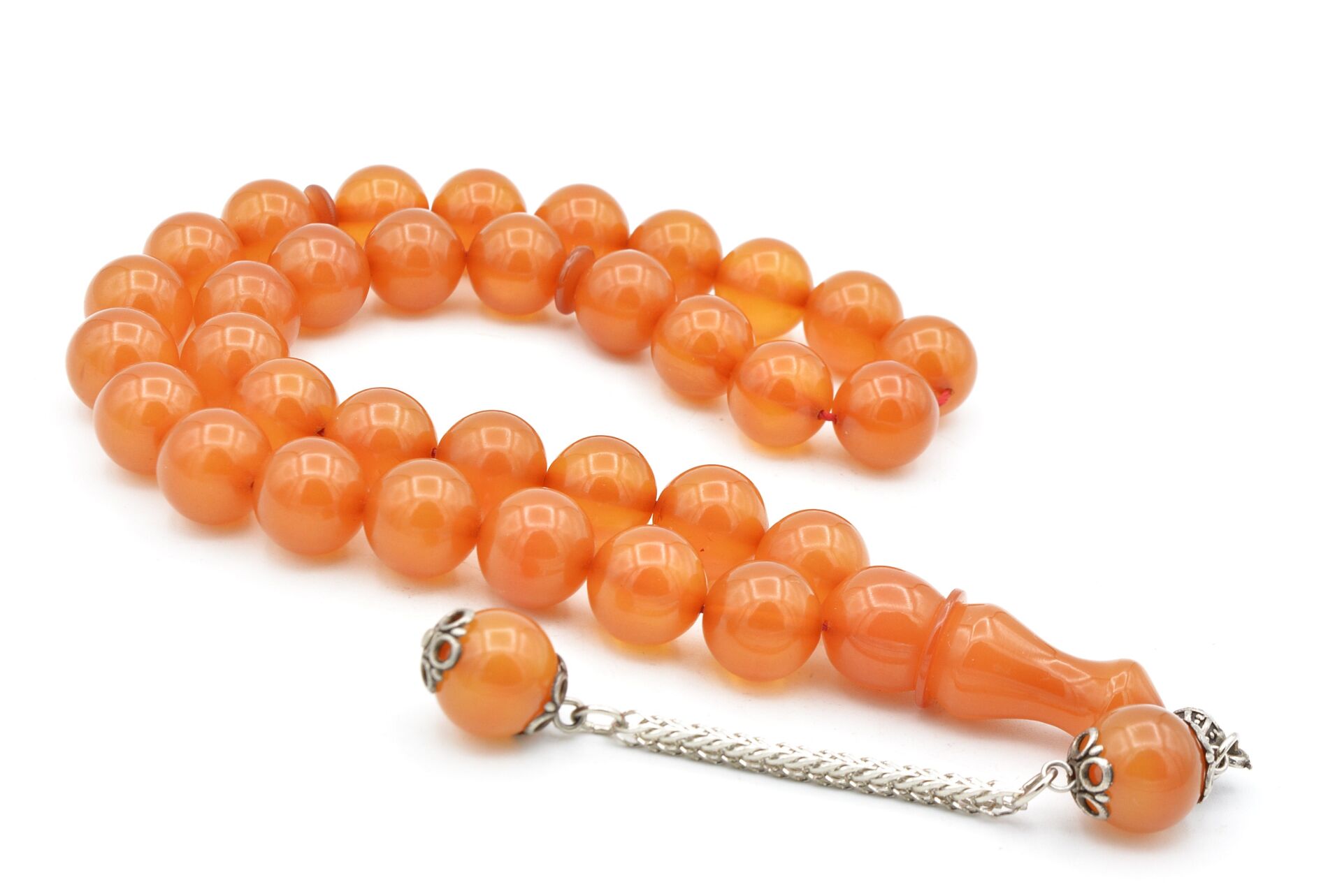 Gümüş Kaplama Kamçılı Küre Kesim Açık Pembe Sıkma Kehribar Tesbih