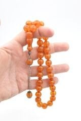 Gümüş Kaplama Kamçılı Küre Kesim Açık Pembe Sıkma Kehribar Tesbih