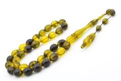 Sistemli Beyzi Kesim Dev Boy Sarı Siyah Toz Pres Kehribar Tesbih