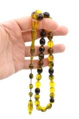 Sistemli Beyzi Kesim Dev Boy Sarı Siyah Toz Pres Kehribar Tesbih