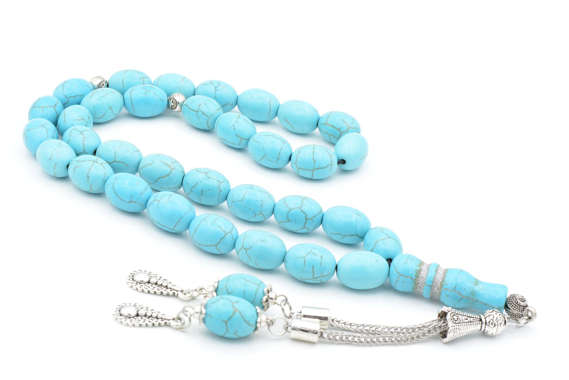 Gümüş Kaplama Püsküllü Beyzi Kesim İri Boy Turkuaz Taşı Tesbih