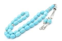 Gümüş Kaplama Püsküllü Beyzi Kesim İri Boy Turkuaz Taşı Tesbih